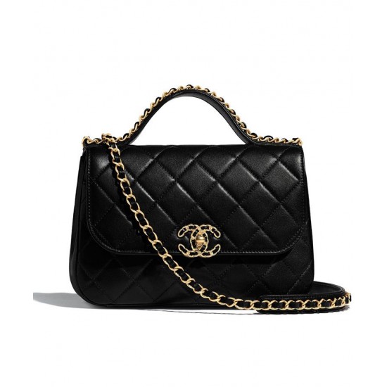 Imitation Chanel Yellow Gold Chain Motif Diamond-type Lattice Simple Top Handle Women's Black Lambskin Leather Flap Bag