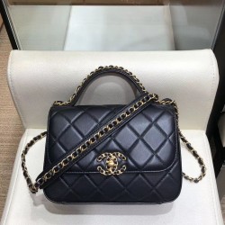 Imitation Chanel Yellow Gold Chain Motif Diamond-type Lattice Simple Top Handle Women's Black Lambskin Leather Flap Bag