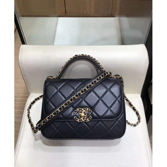 Imitation Chanel Yellow Gold Chain Motif Diamond-type Lattice Simple Top Handle Women's Black Lambskin Leather Flap Bag