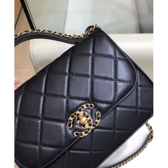 Imitation Chanel Yellow Gold Chain Motif Diamond-type Lattice Simple Top Handle Women's Black Lambskin Leather Flap Bag