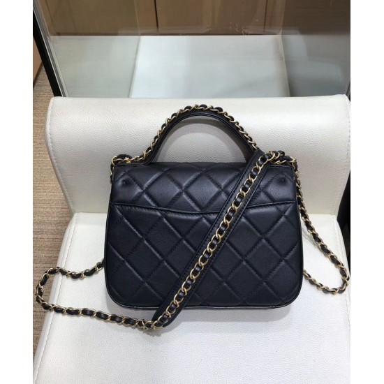 Imitation Chanel Yellow Gold Chain Motif Diamond-type Lattice Simple Top Handle Women's Black Lambskin Leather Flap Bag