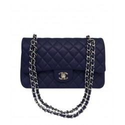 Trendy Navy Blue Quilted Leather Silver Chain Shoulder Strap Medium Classic Jumbo - Fake Chanel Double Flap Handbag 25CM