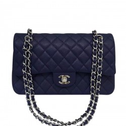 Trendy Navy Blue Quilted Leather Silver Chain Shoulder Strap Medium Classic Jumbo - Fake Chanel Double Flap Handbag 25CM