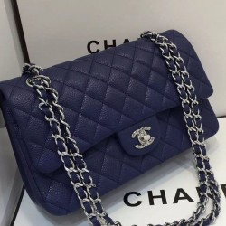 Trendy Navy Blue Quilted Leather Silver Chain Shoulder Strap Medium Classic Jumbo - Fake Chanel Double Flap Handbag 25CM