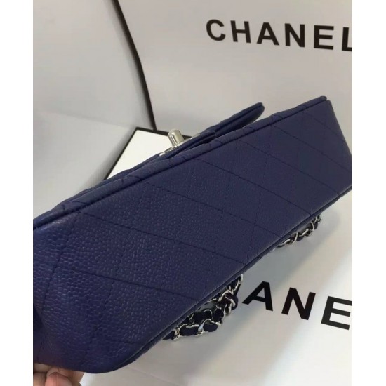 Trendy Navy Blue Quilted Leather Silver Chain Shoulder Strap Medium Classic Jumbo - Fake Chanel Double Flap Handbag 25CM