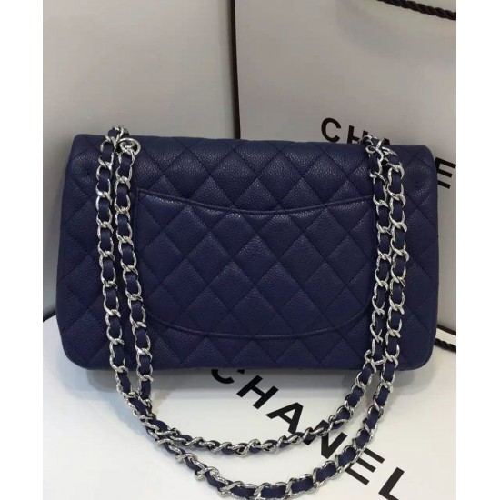 Trendy Navy Blue Quilted Leather Silver Chain Shoulder Strap Medium Classic Jumbo - Fake Chanel Double Flap Handbag 25CM