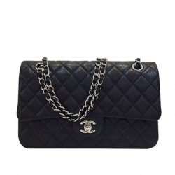 Fashion Black Caviar Leather Silver Hardware Turn Lock Design Classic Jumbo Flap Bag - Faux Chanel Double Flap Crossbody Bag