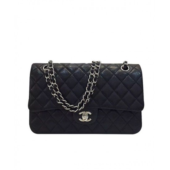 Fashion Black Caviar Leather Silver Hardware Turn Lock Design Classic Jumbo Flap Bag - Faux Chanel Double Flap Crossbody Bag