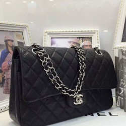 Fashion Black Caviar Leather Silver Hardware Turn Lock Design Classic Jumbo Flap Bag - Faux Chanel Double Flap Crossbody Bag