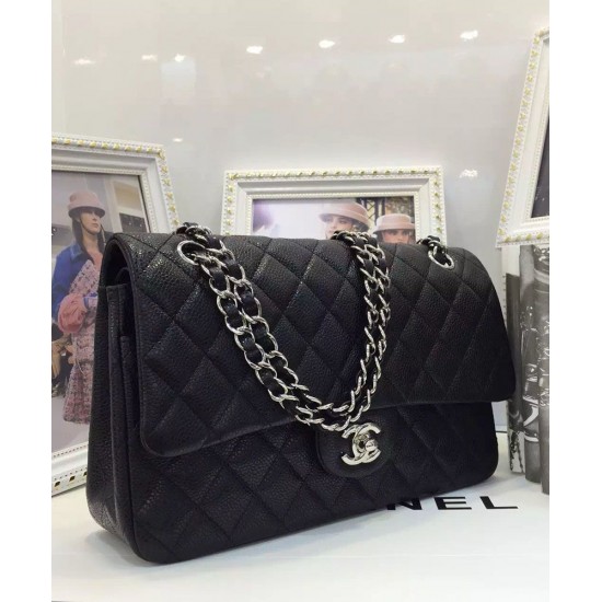 Fashion Black Caviar Leather Silver Hardware Turn Lock Design Classic Jumbo Flap Bag - Faux Chanel Double Flap Crossbody Bag