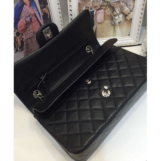 Fashion Black Caviar Leather Silver Hardware Turn Lock Design Classic Jumbo Flap Bag - Faux Chanel Double Flap Crossbody Bag