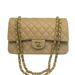 Chanel Celebrity Style Beige Quilted Leather Double Chain Strap Turn Lock - Women's Medium Chane Classic Jumbo Flap Bag