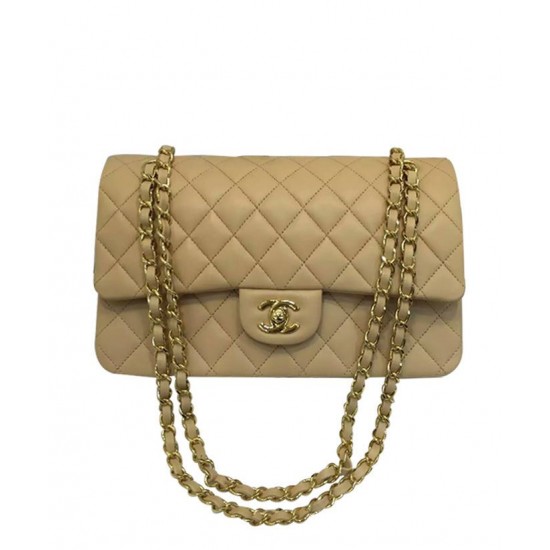 Chanel Celebrity Style Beige Quilted Leather Double Chain Strap Turn Lock - Women's Medium Chane Classic Jumbo Flap Bag