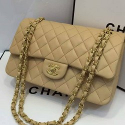 Chanel Celebrity Style Beige Quilted Leather Double Chain Strap Turn Lock - Women's Medium Chane Classic Jumbo Flap Bag