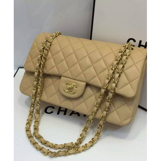 Chanel Celebrity Style Beige Quilted Leather Double Chain Strap Turn Lock - Women's Medium Chane Classic Jumbo Flap Bag