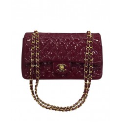 Low Price Women's Classic Dark Red Quilted Patent Leather Jumbo Flap Bag - Faux Chanel Yellow Gold Chain Crossbody Bag