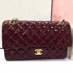 Low Price Women's Classic Dark Red Quilted Patent Leather Jumbo Flap Bag - Faux Chanel Yellow Gold Chain Crossbody Bag