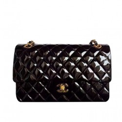 Classic Diamond Style Pattern Golden Rotatable Buckle Black Patent Leather Chain Bag - Women's Fake Chanel Jumbo Flap Bag