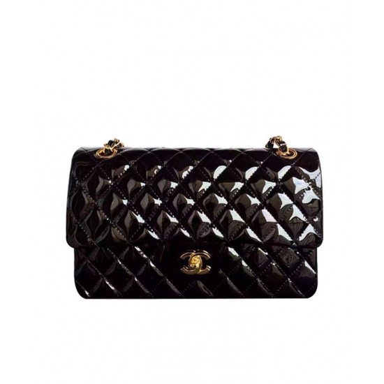 Classic Diamond Style Pattern Golden Rotatable Buckle Black Patent Leather Chain Bag - Women's Fake Chanel Jumbo Flap Bag