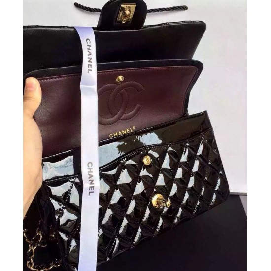 Classic Diamond Style Pattern Golden Rotatable Buckle Black Patent Leather Chain Bag - Women's Fake Chanel Jumbo Flap Bag