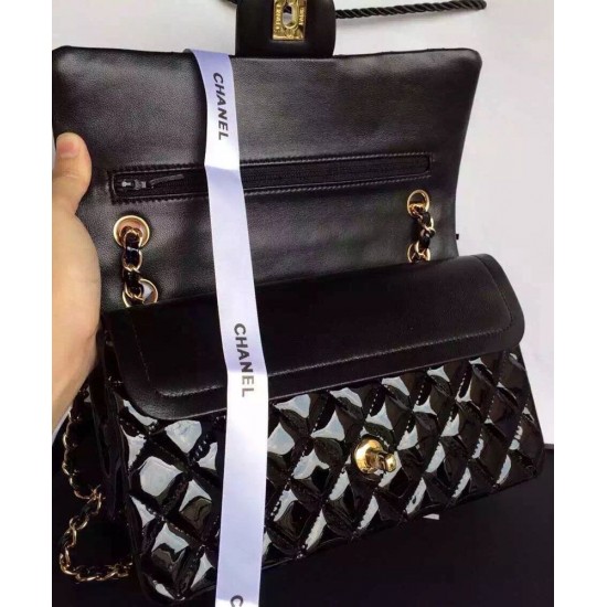 Classic Diamond Style Pattern Golden Rotatable Buckle Black Patent Leather Chain Bag - Women's Fake Chanel Jumbo Flap Bag