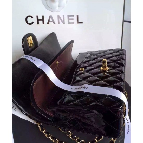 Classic Diamond Style Pattern Golden Rotatable Buckle Black Patent Leather Chain Bag - Women's Fake Chanel Jumbo Flap Bag