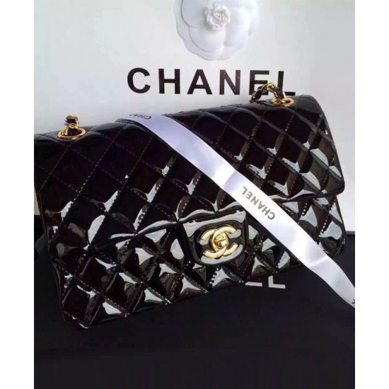 Classic Diamond Style Pattern Golden Rotatable Buckle Black Patent Leather Chain Bag - Women's Fake Chanel Jumbo Flap Bag