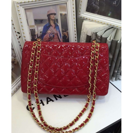 Best Quality Red Quilted Patent Leather Yellow Gold Plated Chain Classic Jumbo - Replica Chanel Women's Flap Bag Online