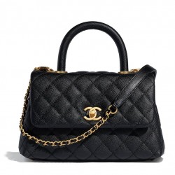 Hot Selling Diamond Chevron Quilting Pattern Black Caviar Leather Small Flap Bag - Faux Chanel COCO Top Handle Bag For Ladies