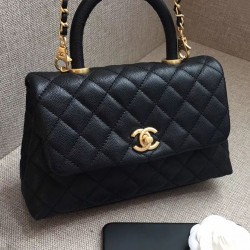 Hot Selling Diamond Chevron Quilting Pattern Black Caviar Leather Small Flap Bag - Faux Chanel COCO Top Handle Bag For Ladies