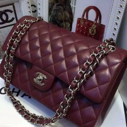 Replica Chanel Medium Jumbo Silver Chain Shoulder Strap Women's Classic Dark Red Quilted Lambskin Leather Flap Bag For Sale