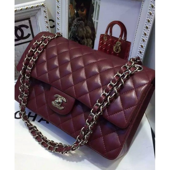 Replica Chanel Medium Jumbo Silver Chain Shoulder Strap Women's Classic Dark Red Quilted Lambskin Leather Flap Bag For Sale