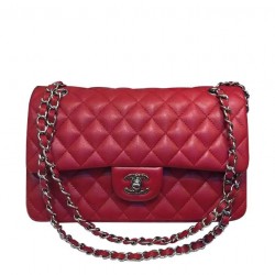 Fake Chanel Red Quilted Lambskin Leather CC Turn Lock Ladies Classic Jumbo Double Flap Chain Strap Handbag 25CM