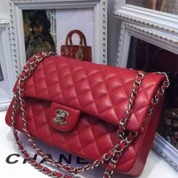 Fake Chanel Red Quilted Lambskin Leather CC Turn Lock Ladies Classic Jumbo Double Flap Chain Strap Handbag 25CM