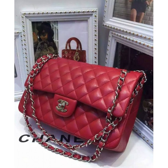 Fake Chanel Red Quilted Lambskin Leather CC Turn Lock Ladies Classic Jumbo Double Flap Chain Strap Handbag 25CM