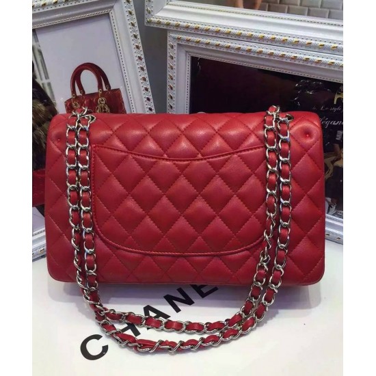 Fake Chanel Red Quilted Lambskin Leather CC Turn Lock Ladies Classic Jumbo Double Flap Chain Strap Handbag 25CM