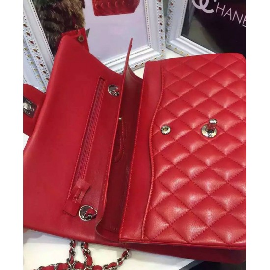 Fake Chanel Red Quilted Lambskin Leather CC Turn Lock Ladies Classic Jumbo Double Flap Chain Strap Handbag 25CM