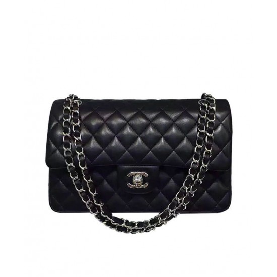 Imitated Chanel Women's Classic Jumbo Duble Flap Silver Chain Shoulder Strap Black Quilted Lambskin Leather Medium Crossbody Bag