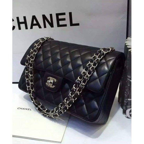 Imitated Chanel Women's Classic Jumbo Duble Flap Silver Chain Shoulder Strap Black Quilted Lambskin Leather Medium Crossbody Bag