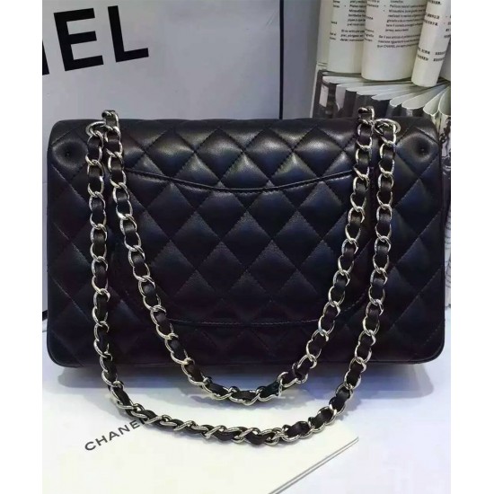 Imitated Chanel Women's Classic Jumbo Duble Flap Silver Chain Shoulder Strap Black Quilted Lambskin Leather Medium Crossbody Bag