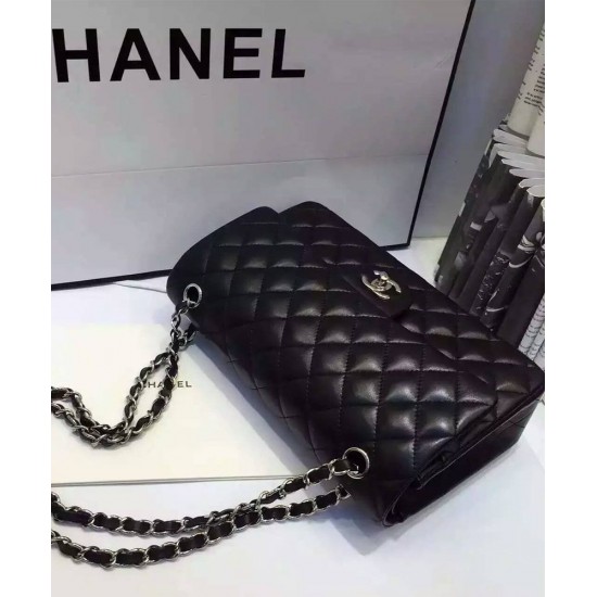 Imitated Chanel Women's Classic Jumbo Duble Flap Silver Chain Shoulder Strap Black Quilted Lambskin Leather Medium Crossbody Bag