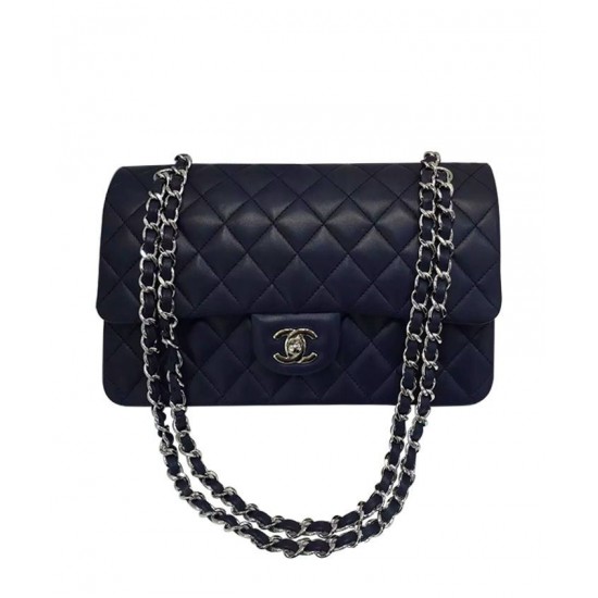 Imitation Chanel Classic Black Lambskin Leather Silver Chain Strap & Turn Lock Lady Double Flap Women's Crossbody Bag Online