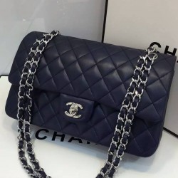 Imitation Chanel Classic Black Lambskin Leather Silver Chain Strap & Turn Lock Lady Double Flap Women's Crossbody Bag Online