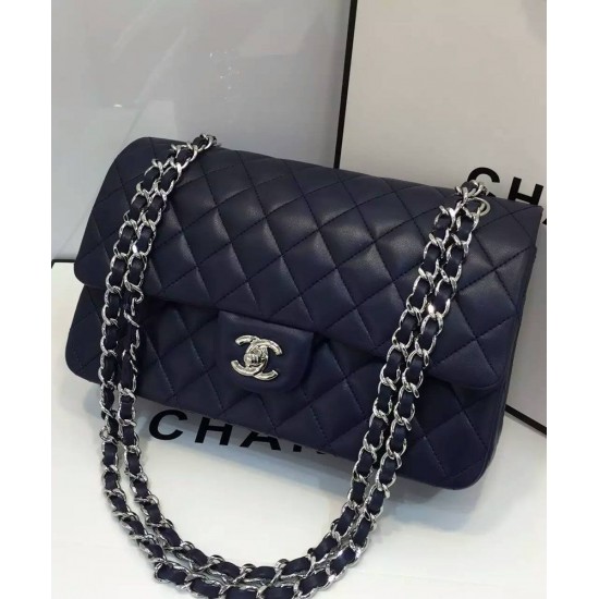 Imitation Chanel Classic Black Lambskin Leather Silver Chain Strap & Turn Lock Lady Double Flap Women's Crossbody Bag Online