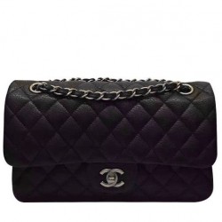 Hot Selling Black Caviar Leather Women's Classic Jumbo Flap Bag - Replica Chanel Antique Silver Chain Shoulder Strap Handbag