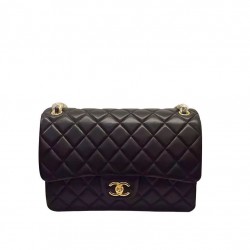 Trendy Style Women's Classic Jumbo Black Quilted Lambskin Leather Yellow Gold CC Turn Lock - Fake Chanel Medium Flap Bag