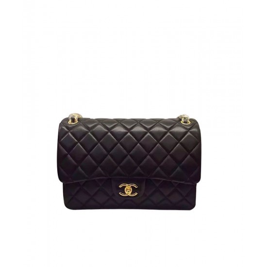 Trendy Style Women's Classic Jumbo Black Quilted Lambskin Leather Yellow Gold CC Turn Lock - Fake Chanel Medium Flap Bag