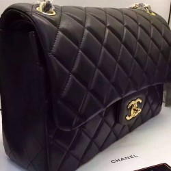 Trendy Style Women's Classic Jumbo Black Quilted Lambskin Leather Yellow Gold CC Turn Lock - Fake Chanel Medium Flap Bag