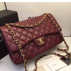 Best Quality Dark Red Quilted Lambskin Leather Yellow Gold Plated Hardware - Faux Chanel Classic Jumbo Flap Bag 30CM