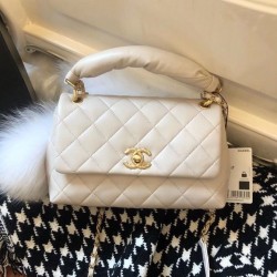 Elegant Style Single Top Handle Twist CC Turn Lock Golden Chain Shoulder Strap - Faux Chanel White Leather Tote Bag